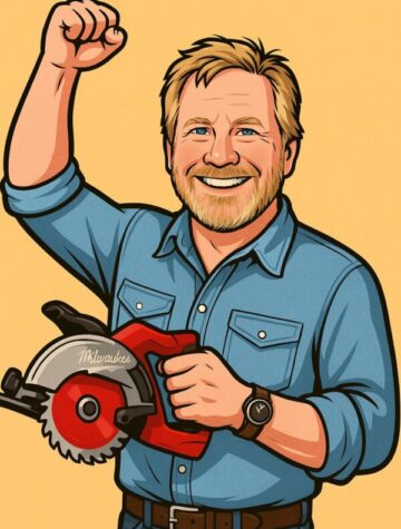 Smiling man holding a circular saw, waving cheerfully.