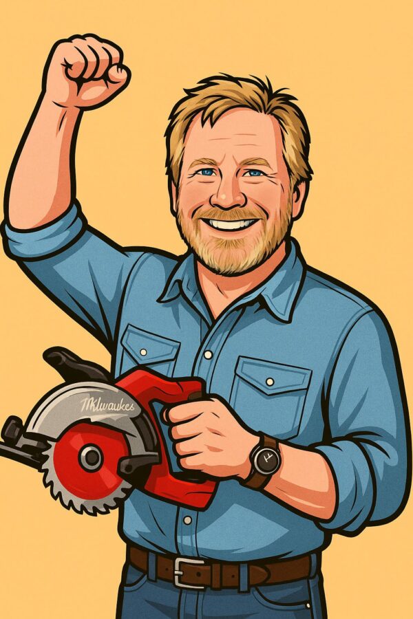 Smiling man holding a circular saw, waving cheerfully.