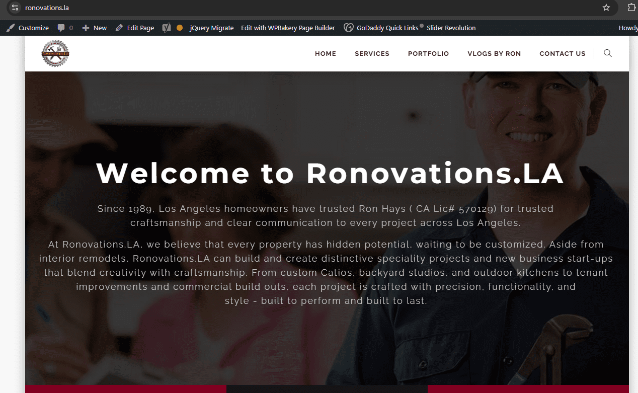 Renovations welcome sign displayed on a screen with people in the background.