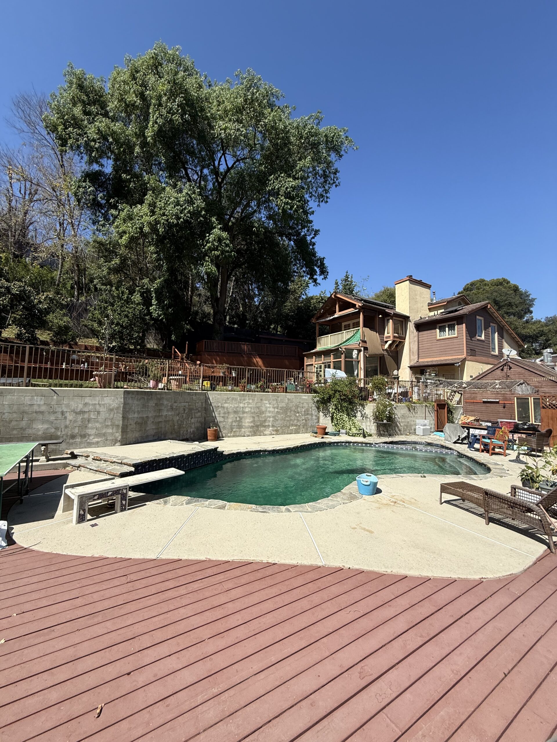 A serene backyard with a pool and a house on a sunny day.