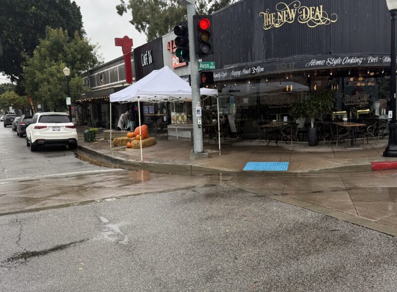 A rainy street corner with a restaurant named Honey Salt and cars passing by.
