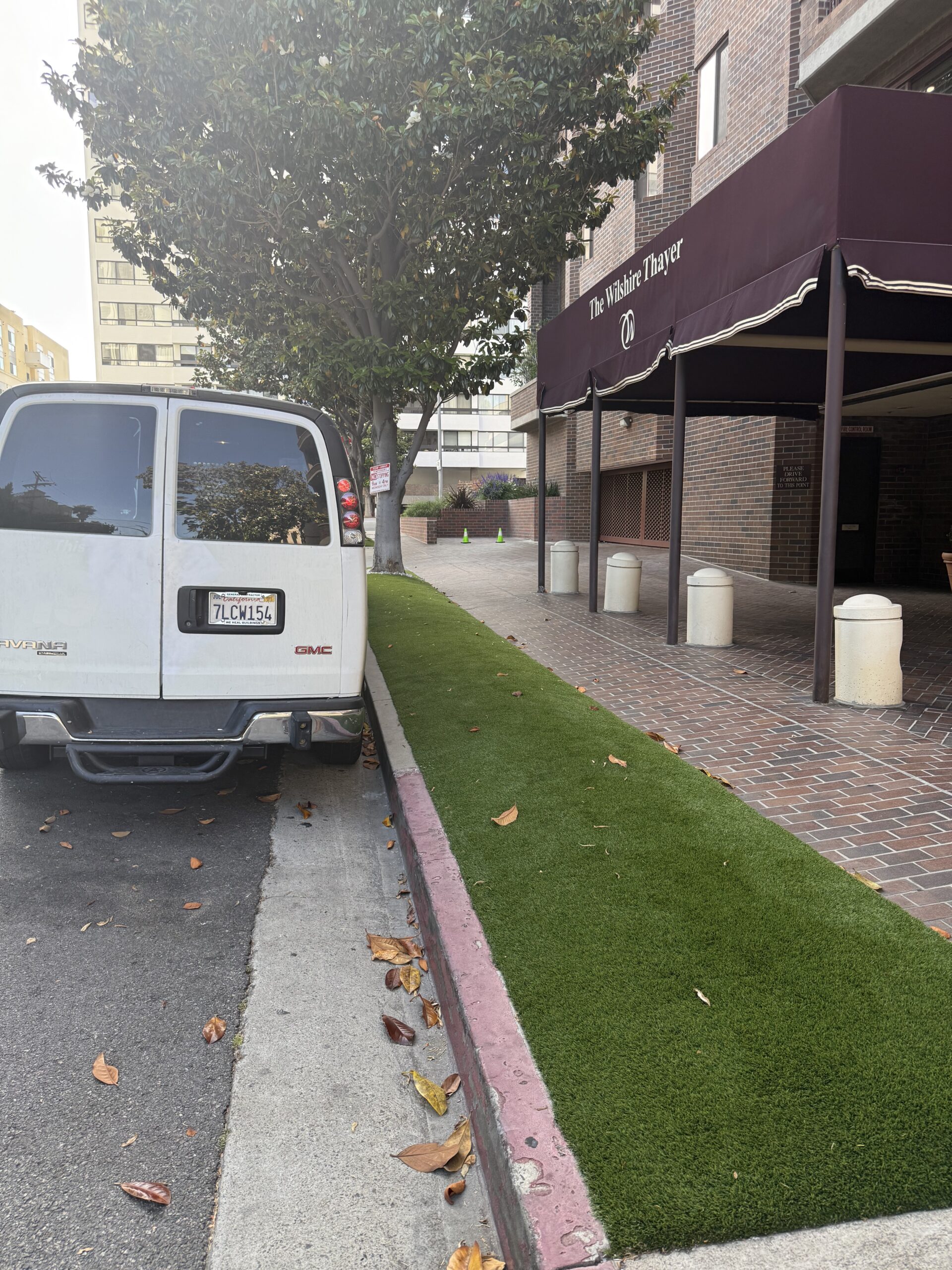 A white van parked partially on a red curb next to a grassy strip and sidewalk.